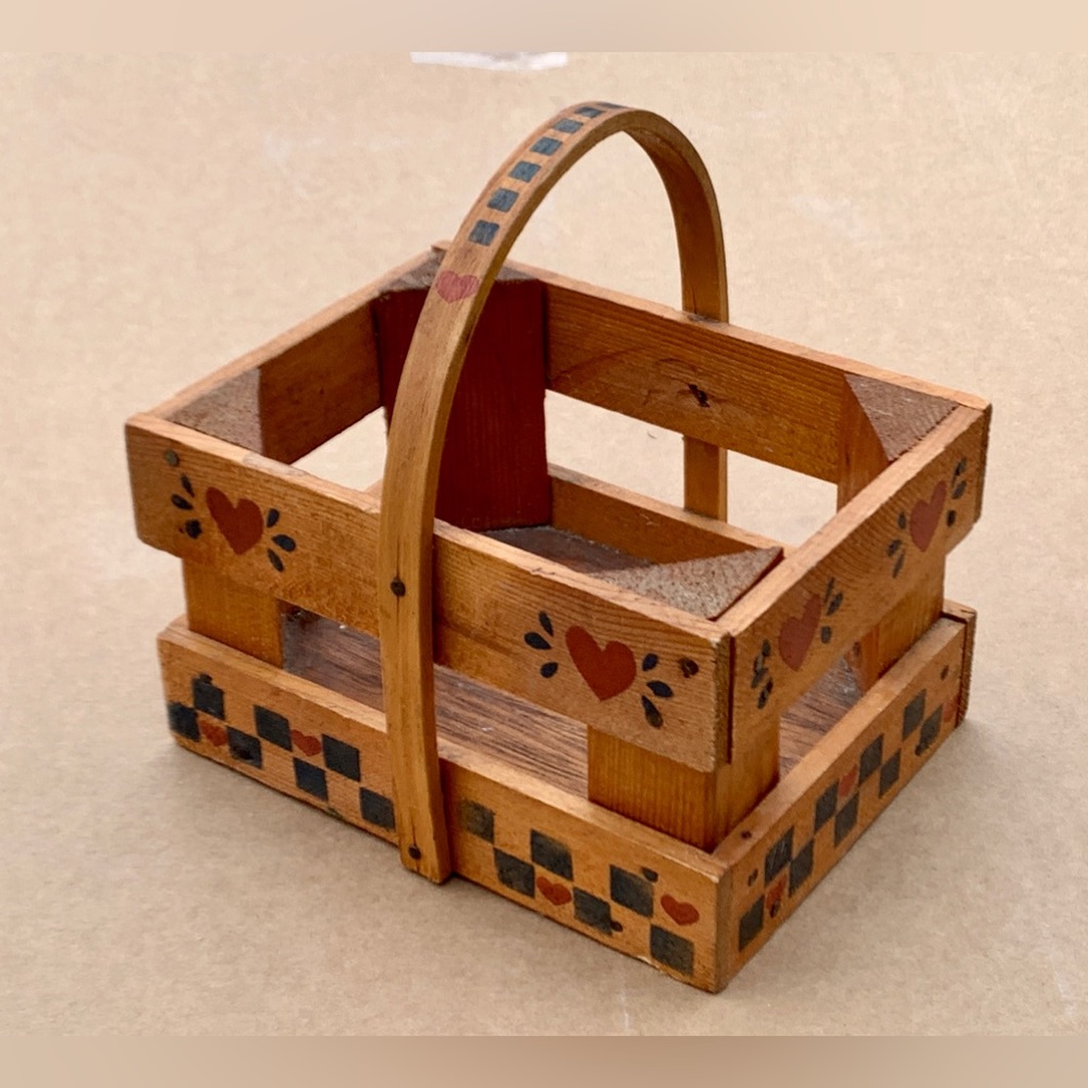 Vtg Rustic Country Theme Handled Wooden Strawberry Basket